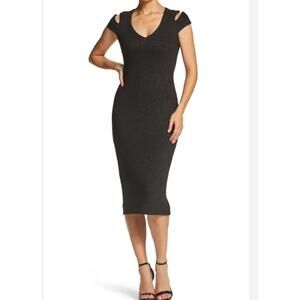 Dress the Population Bryce Midi Stretch Knit Black Metallic Dress Glam Curvy